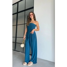 Zf Butik Kadın Indigo Mavi Renk Straplez Büzgülü Bluz Salaş Rahat Pantolon Ikili Takım