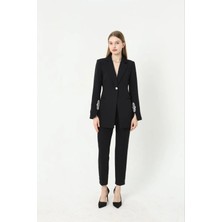 Zf Butik Kadın Taşlı Takım Elbise Siyah Regular Kalıp Uzun Kollu