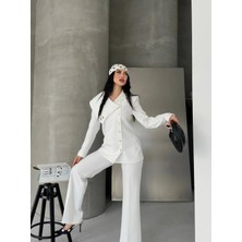 Zf Butik Kadın Asimetrik Yaka Blazer Pantolon Takım Beyaz