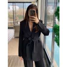 Zf Butik Kadın Blazer Ceket Pantolon Takım Ikili Kuşaklı Siyah