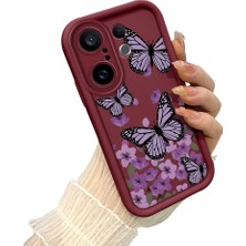 HONTINGA Vivo X200 Fe ile Uyumlu Kılıf Kamera Koruyucu Basitlik Anti Düşme Kamera Korumalı Kelebek Bordo Desen Yumuşak Silikon Couple Telefon Kılıfı Kadın ve Erkek Için Uygundur K2-7419