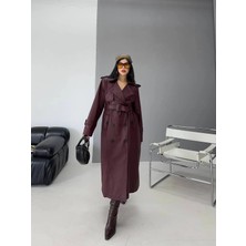 Zf Butik Kadın Deri Apoletli Uzun Trençkot Pelerin Detaylı Kuşaklı Bordo 140 cm