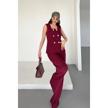 Zf Butik Kadın Kare Yaka Yelek Pantolon Takım Bordo