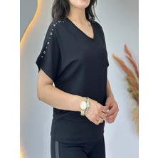 D'lavella Omuzu Kuş Gözlü ,v Yaka Bluz