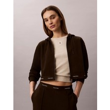Calvin Klein Kadın Rahat Kesim Kapüşonlu Pamuklu Fermuarlı Crop Koyu Kahve Sweatshirt LV047G252G-TO2