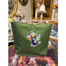 elisss bag Duck Keten Pamuk Kumaş Kedi Figürlü Yeşil Çıtçıtlı Piknik Çantası Plaj Çantası Bebek Çantası Günlük Çanta