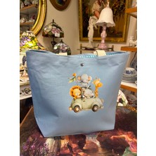 elisss bag Duck Keten Pamuk Kumaş Mavi Hayvan Desenli Çıtçıtlı Piknik Çantası Plaj Çantası Bebek Çantası Günlük Çanta