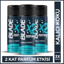 Blade X2 Perfume Urban Fresh Erkek Deodorant Body Spray 3X150 ml Leke Bırakmaz %0 Alüminyum