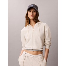 Calvin Klein Kadın Rahat Kesim Kapüşonlu Pamuklu Fermuarlı Crop Krem Sweatshirt LV047G252G-P4P