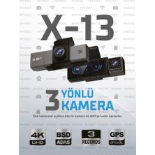 Nivego Dxtl X-13 4K 3 Kameralı Araç Içi Kamera 3.2 Inç Ekran Wifi Adas Bsd G-Sensör Park Modu