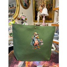 elisss bag Duck Keten Pamuk Kumaş Ördek Figürlü Yeşil Çıtçıtlı Piknik Çantası Plaj Çantası Bebek Çantası Günlük Çanta