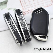 Alazpay Kia Uyumlu Gümüş Kenar Anahtar Kılıfı 7 Tuşlu Model - EV5 EV6 EV9 K3 K5 Sorento Picanto Sportage MQ4 KA4 (1 Adet)