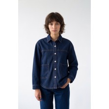 Markapia Kadın Gömlek Yaka Oversize Koyu Mavi Jean Ceket