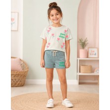 KR Kids Kız Çocuk Ekru Tişört ve Mavi Şort Takımı Fun Day Yazı Baskılı Çiçek Desenli Yazlık Takım