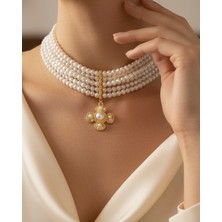 Lyra Choker Çok Katlı Inci Gold Çiçek Kolye
