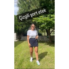 Nutika Çizgili Beli Lastikli Düğme Detaylı Şort Etek