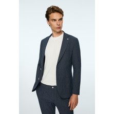 Morven  Erkek Lacivert Poliviskon Trend Çizgili Slim Fit Mono Yaka Takım Elbise