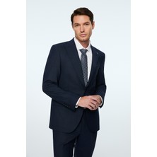 Morven  Erkek Lacivert Yünlü Trend Ekose Slim Fit Mono Yaka Takım Elbise