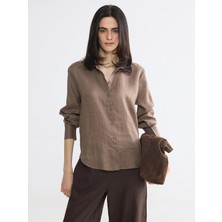 LC Waikiki Lcw Everyday Kahverengi Kadın %100 Keten Gömlek