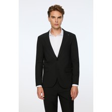 Morven  Erkek Siyah Poliviskon Basic Düz Slim Fit Sivri Yaka Takım Elbise