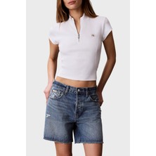 Calvin Klein Pamuklu Logolu Slim Fit Fermuarlı Dik Yaka Top LV047G240GYAF Bayan Top LV047G240G Yaf