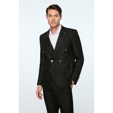 Morven  Erkek Siyah Poliviskon Trend Slim Fit Sivri Yaka Kruvaze Takım Elbise