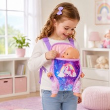 LunaDefano Oyuncak Bebek Taşıma Çantası Unicorn Desenli Bebek Sırt Çantası 43-45 cm Uyumlu Mor Mavi Bebek Aksesuarı
