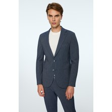 Morven  Erkek Lacivert Poliviskon Trend Çizgili Slim Fit Mono Yaka Takım Elbise
