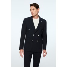 Morven  Erkek Lacivert Poliviskon Trend Desenli Slim Fit Sivri Yaka Kruvaze Takım Elbise