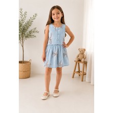 Kids Çocuk Kız Çocuk Yelek Etek Takım 2’li Set Işlemeli Yelek Müslin Kumaş Lastikli Etek Yazlık Şık Kombin 3-9 Yaş