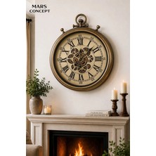 Mars Concept Büyük Boy Köstekli Hareketli Çarklı Duvar Saati │ Eskitme Altın Metal Kasa Vintage Salon Saati 52CM