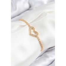 Eco Lounge Pirinç Zirkon Taşlı Kalp Model Gold Renk Asansörlü Kadın Bileklik
