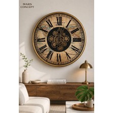 Mars Concept Büyük Boy Dünya Haritalı Hareketli Çarklı Duvar Saati │ Eskitme Altın Metal Kasa Vintage Salon Saati 60CM