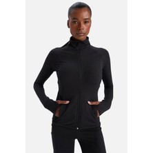Soft & Basic Siyah Fermuarlı Dik Yaka Basic Vücuda Oturan Cepli Parmak Detaylı Hırka