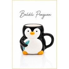 Rosie Balık Tutan Penguen Figürlü El Yapımı Seramik Kupa, Mug, 420 ml