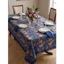 Perest Midnight Botanical Kuş ve Gül Desenli Püsküllü Masa Örtüsü