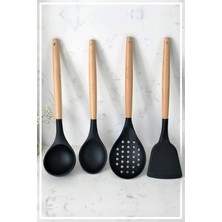 Silikon Bambu Saplı 4 Parça Mutfak Servis Seti Siyah (Kepçe-Kaşık-Kevgir-Spatula)