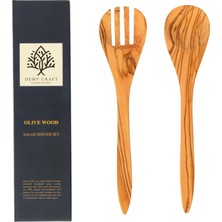 Zeytin Ağacı El Yapımı 2 Parça Salata Servis Seti, Ahşap Kaşık ve Çatal, 30 cm