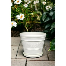 Antik Papatya Desenli Beyaz Saksı 3 Litre Beyaz