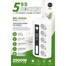 HERŞEYBURDAMODA 5’li Akım Korumalı Priz 2500W | 2 USB + 2 Type-C Hızlı Şarj | LED Gece Lambalı | Dokunmatik Beyaz
