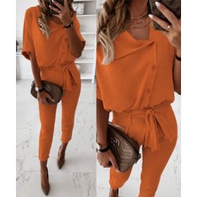 Trend Metkar Kadın Kısa Kollu Yakalı Önden Düğmeli Bürümcük Bluz ve Pantolon Ikili Takım