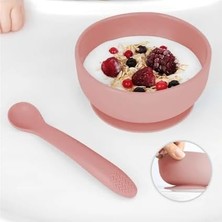 Vakumlu Silikon Bebek Mama Kasesi - Vakum Tabanlı Kase - Silikon Diş Kaşıyıcı Kaşık - Pembe