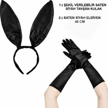 Just Cheap Store Siyah Parlak Tavşan Kulak ve 40 cm Parlak Siyah Eldiven Kostüm Seti (4741)