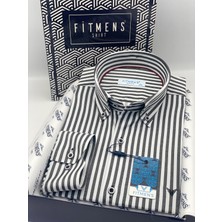 Fitmens Slim Fit Uzun Kol Likralı Çizgili Yaka Düğmeli Hediye Kutulu Erkek Gömlek FS-003669 - Koyu Gri