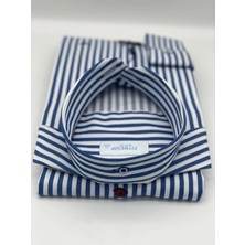Fitmens Slim Fit Uzun Kol Likralı Çizgili Yaka Düğmeli Hediye Kutulu Erkek Gömlek FS-003669 - Saks Mavi