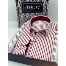Fitmens Klasik Uzun Kol Kalın Çizgili Hediye Kutulu Erkek Gömlek FS-001260 - Beyaz Bordo