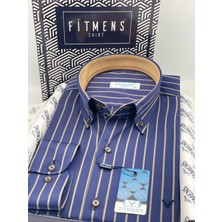 Fitmens Slim Fit Uzun Kol Premium Çizgili Yaka Düğmeli Hediye Kutulu Erkek Gömlek FS-004335 - Lacivert Bej