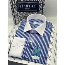 Fitmens Klasik Uzun Kol Cepsiz Yaka Manşet Beyaz Hediye Kutulu Erkek Gömlek FS-004328 - Saks Mavi Beyaz