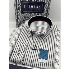 Fitmens Slim Fit Uzun Kol Premium Kalın Çizgili Yaka Düğmeli Hediye Kutulu Kolay Ütülenebilir Erkek Gömlek FS-001375 - Beyaz Siyah