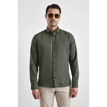 Süvari Koyu Yeşil Slim Düğmeli Yaka Düz Casual Gömlek
